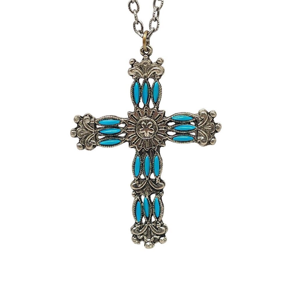 Vintage Turquoise Inlay Resin Silver-Tone Cross Pendant Necklace